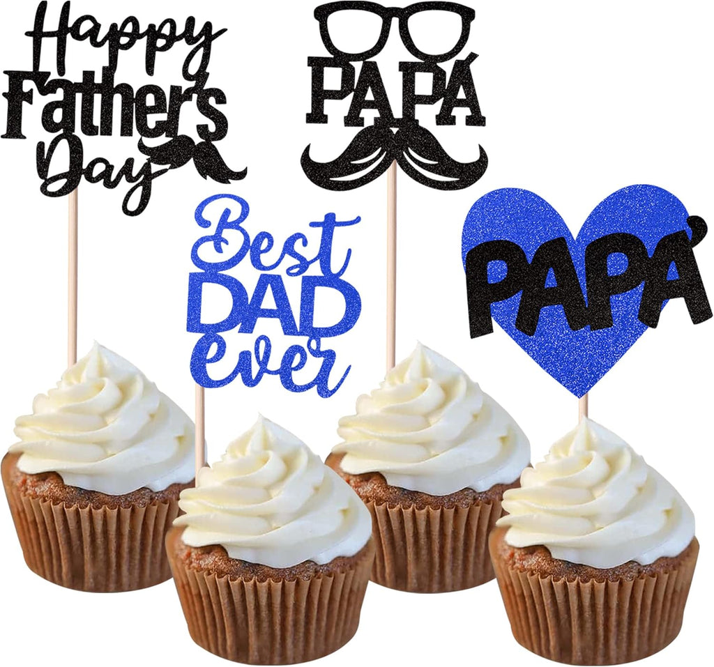 24 Pack Happy Father's Day Cupcake Toppers Glitter Best Dad Ever Cupcake Picks Love Dad Moustache Glass Cake Decorations for Happy Father's day Theme Men Birthday Party Supplies Black Blue