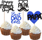 24 Pack Happy Father's Day Cupcake Toppers Glitter Best Dad Ever Cupcake Picks Love Dad Moustache Glass Cake Decorations for Happy Father's day Theme Men Birthday Party Supplies Black Blue