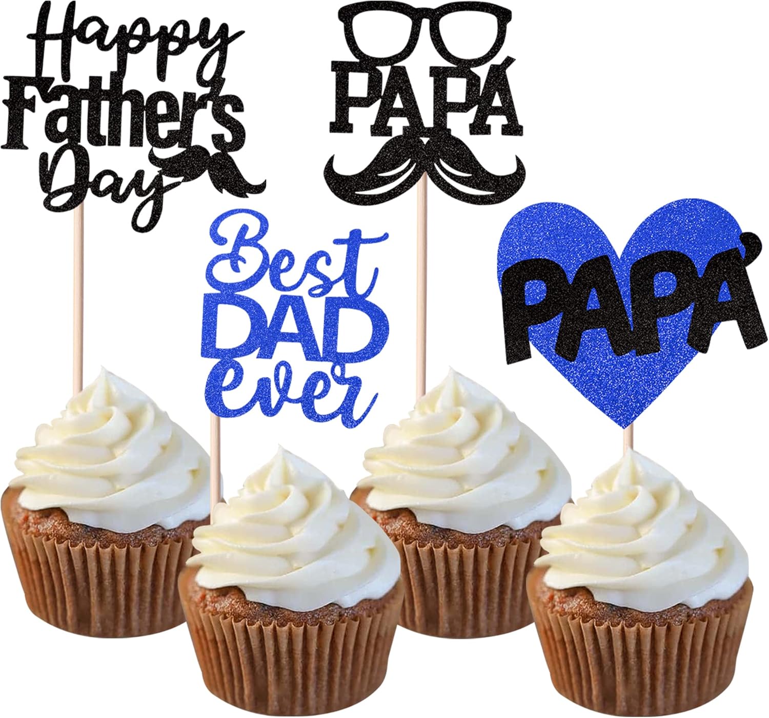 24 Pack Happy Father's Day Cupcake Toppers Glitter Best Dad Ever Cupcake Picks Love Dad Moustache Glass Cake Decorations for Happy Father's day Theme Men Birthday Party Supplies Black Blue