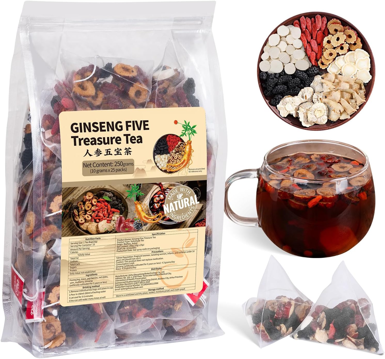 Ginseng Five Treasures Kidney Tea, Traditional Chinese Herbal TeaBags, Natural Kidney Cleanse Detox Tea for Women & Men, 7 Precious Ingredients Formula(1 Pack/25 Bags)
