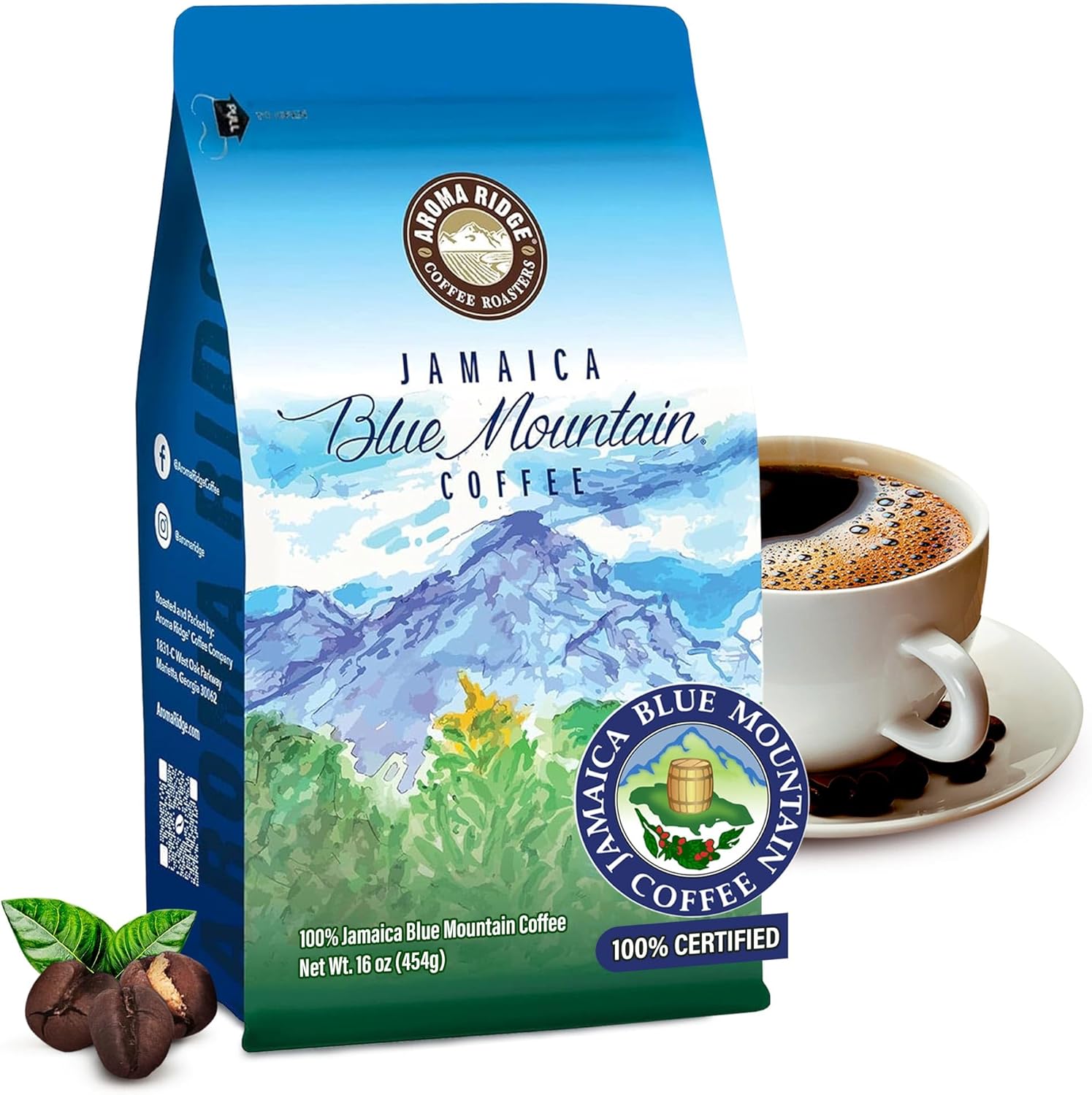 Jamaica Blue Mountain SPECIAL Peaberry Coffee | Wallenford | 1 LB Whole Bean| Medium Roasted - 100% Certified Authentic Jamaican Blue Mountain Coffee Beans Grade- Peaberry | Aroma Ridge.