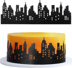 12 PCS City Cake Border Decoration Wrapper Toppers Nighttime City Skyline Stick On or Lay On Building Images Lighted Backdrop for Skyscraper New York Birthday Party Cake Decorations Supplies Black