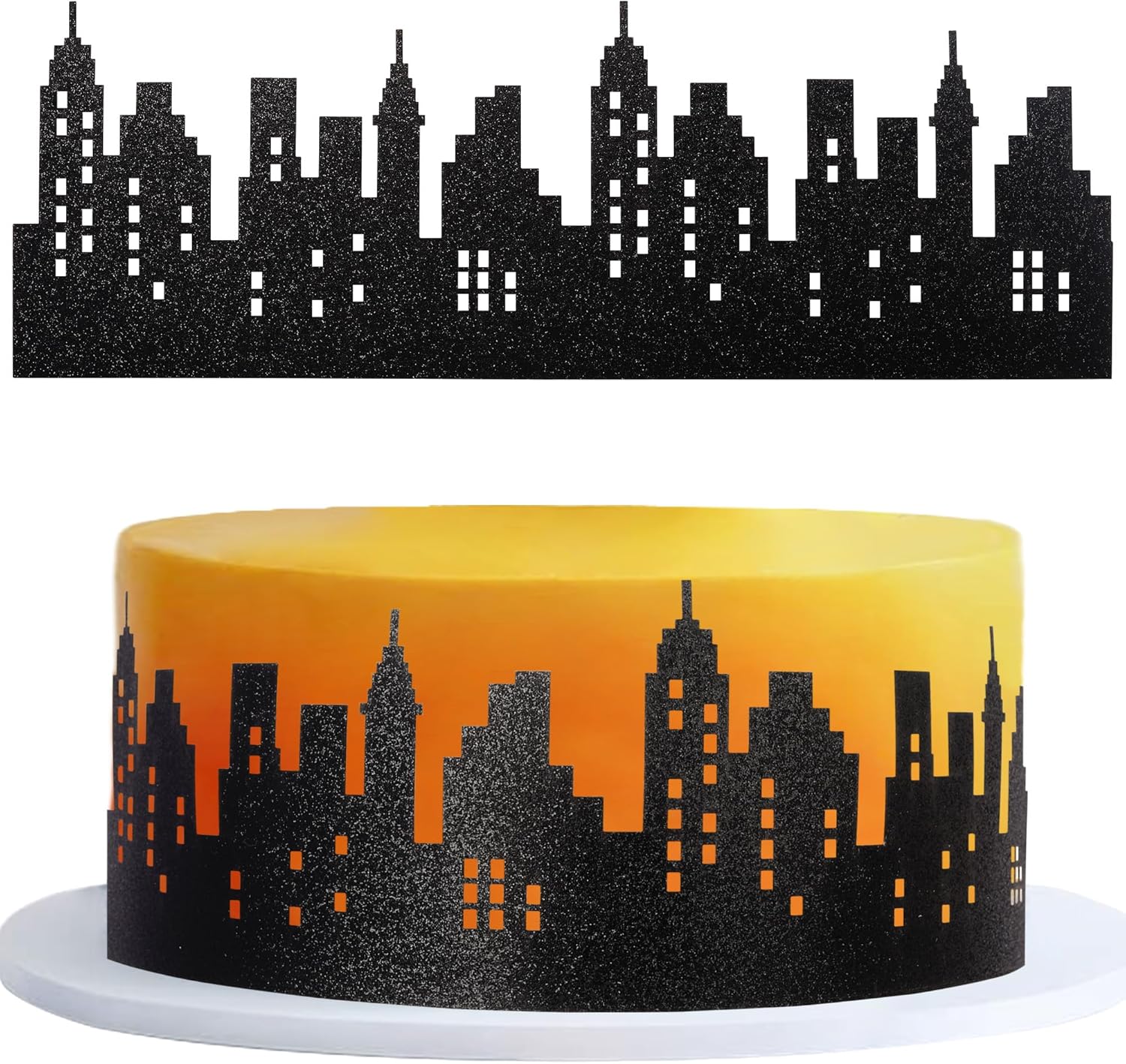 12 PCS City Cake Border Decoration Wrapper Toppers Nighttime City Skyline Stick On or Lay On Building Images Lighted Backdrop for Skyscraper New York Birthday Party Cake Decorations Supplies Black