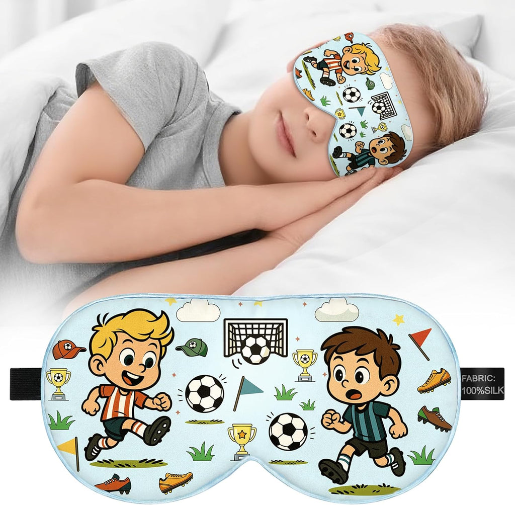 Kids Silk Sleep Mask – 100% Mulberry Silk Eye Cover, Kid Eye Mask with Adjustable Strap, Soft & Breathable Blackout Sleeping Mask for Boys and Girls Ages 5-15 (Soccer Style)