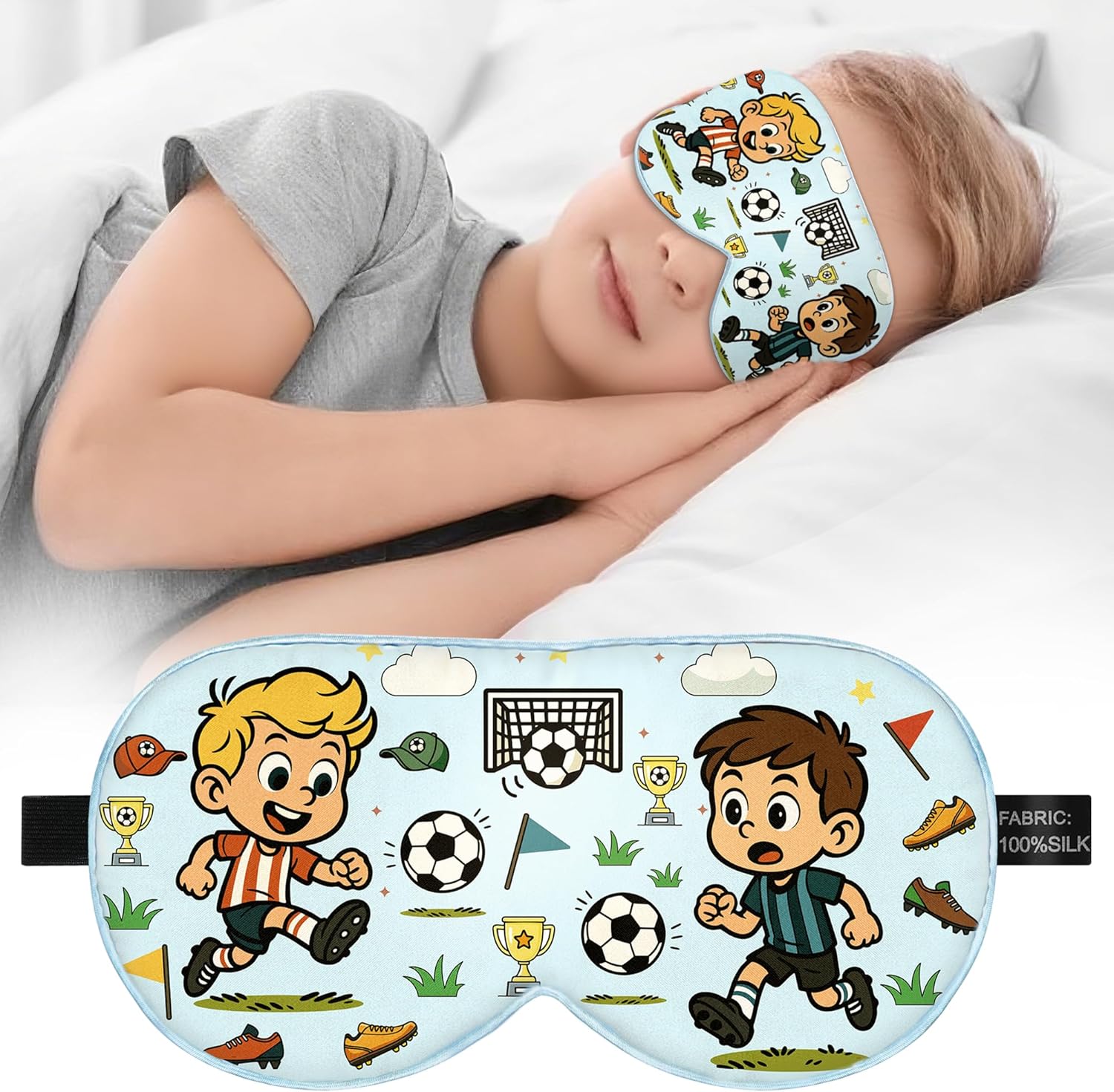 Kids Silk Sleep Mask – 100% Mulberry Silk Eye Cover, Kid Eye Mask with Adjustable Strap, Soft & Breathable Blackout Sleeping Mask for Boys and Girls Ages 5-15 (Soccer Style)