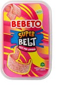 Bebeto Sour Candy Belts – Fizzy Pink Lemonade Flavor, Sugar-Coated Ribbon Candy, Vegan Soft Chewy Candy, 14 oz (400g), by Kervan