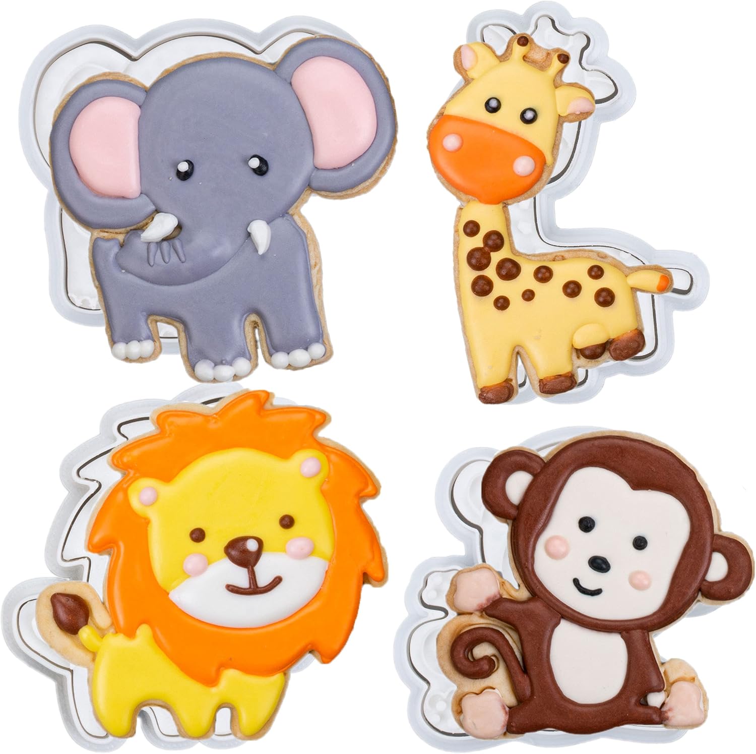 Flycalf Animal Cookie Cutter Set of 4 With Plunger Stampers Handle Jungle Baking Mold for Kids Cake Supplies 3" Forest Decorating Biscuit Fondant Tools