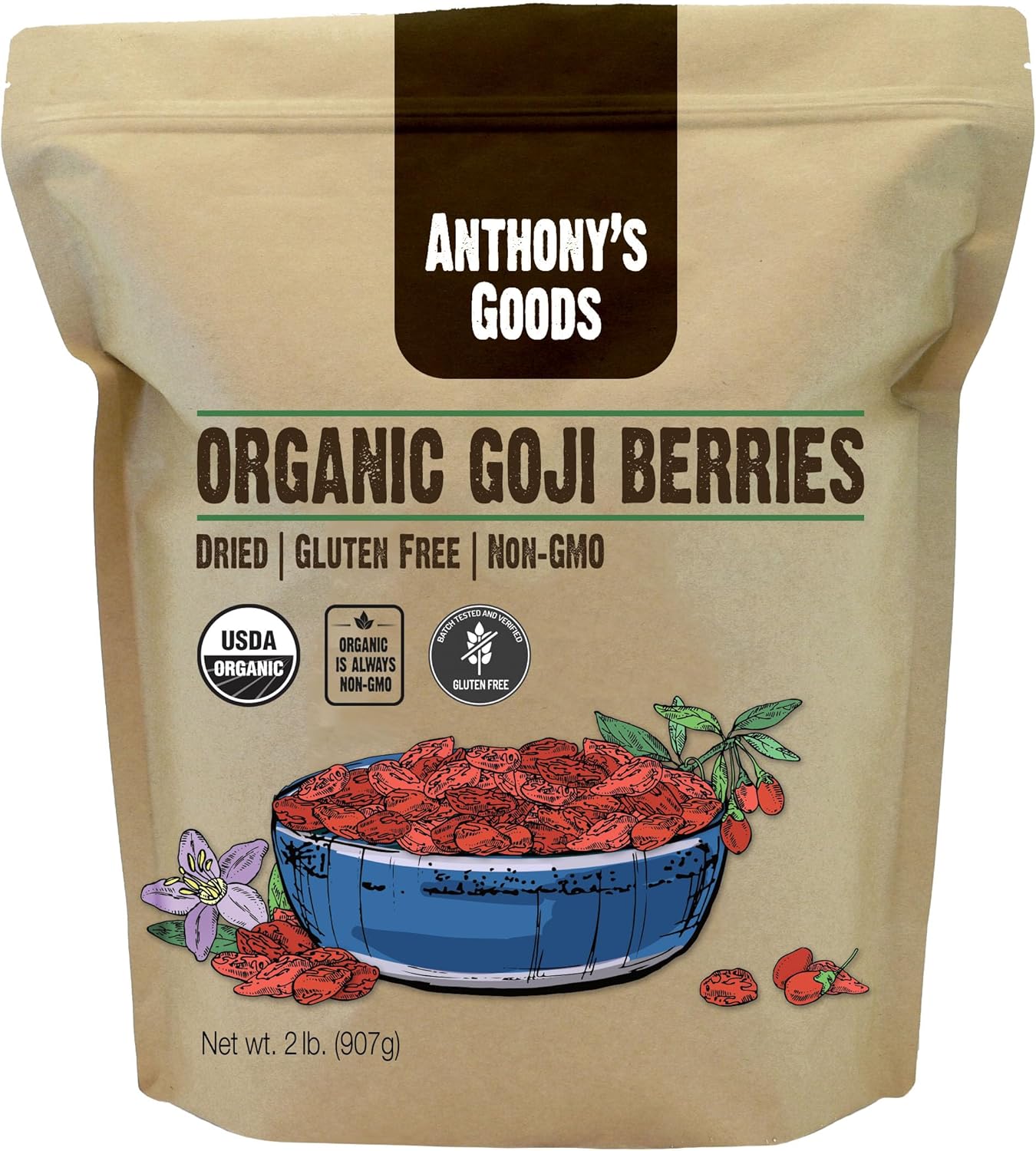 Anthony's Organic Goji Berries, 2lb, Dried, Gluten Free, Non GMO, Wolfberries, Unsulphured, Vegan