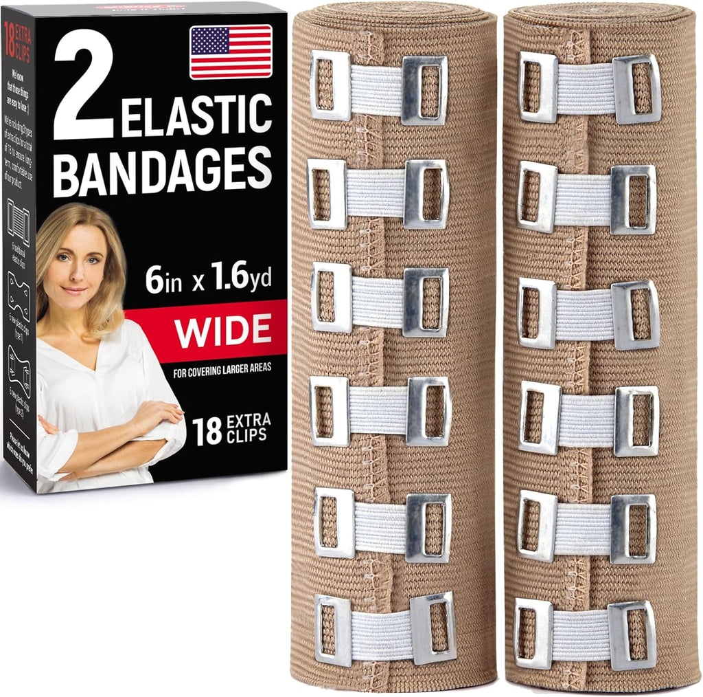 Premium Elastic Bandage Wrap – 2pk + 18 Extra Clips – 6 in x 15ft – Wide Compression Bandage Wrap - Waist, Thigh, Knee, Lymphedema, Body Wrap