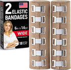 Premium Elastic Bandage Wrap – 2pk + 18 Extra Clips – 6 in x 15ft – Wide Compression Bandage Wrap - Waist, Thigh, Knee, Lymphedema, Body Wrap