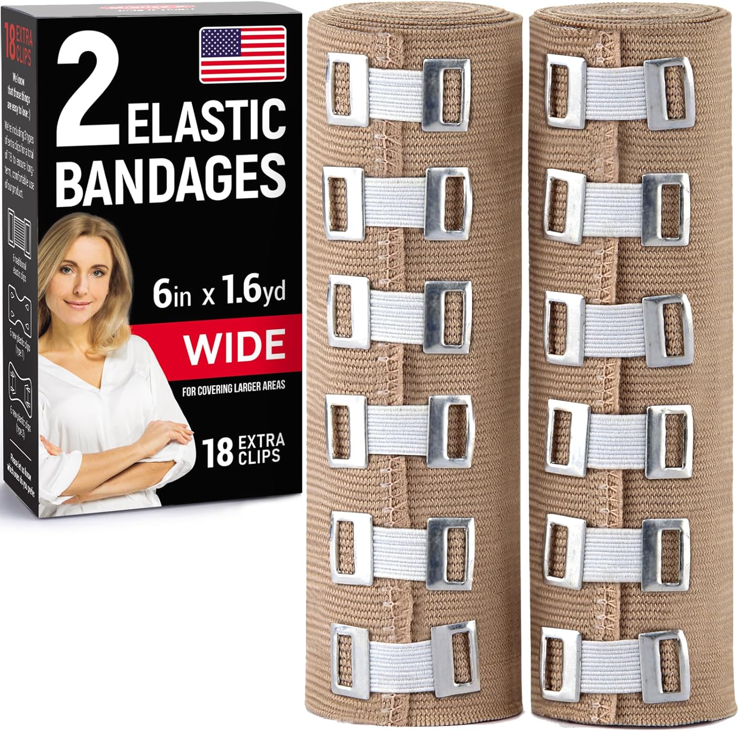 Premium Elastic Bandage Wrap – 2pk + 18 Extra Clips – 6 in x 15ft – Wide Compression Bandage Wrap - Waist, Thigh, Knee, Lymphedema, Body Wrap