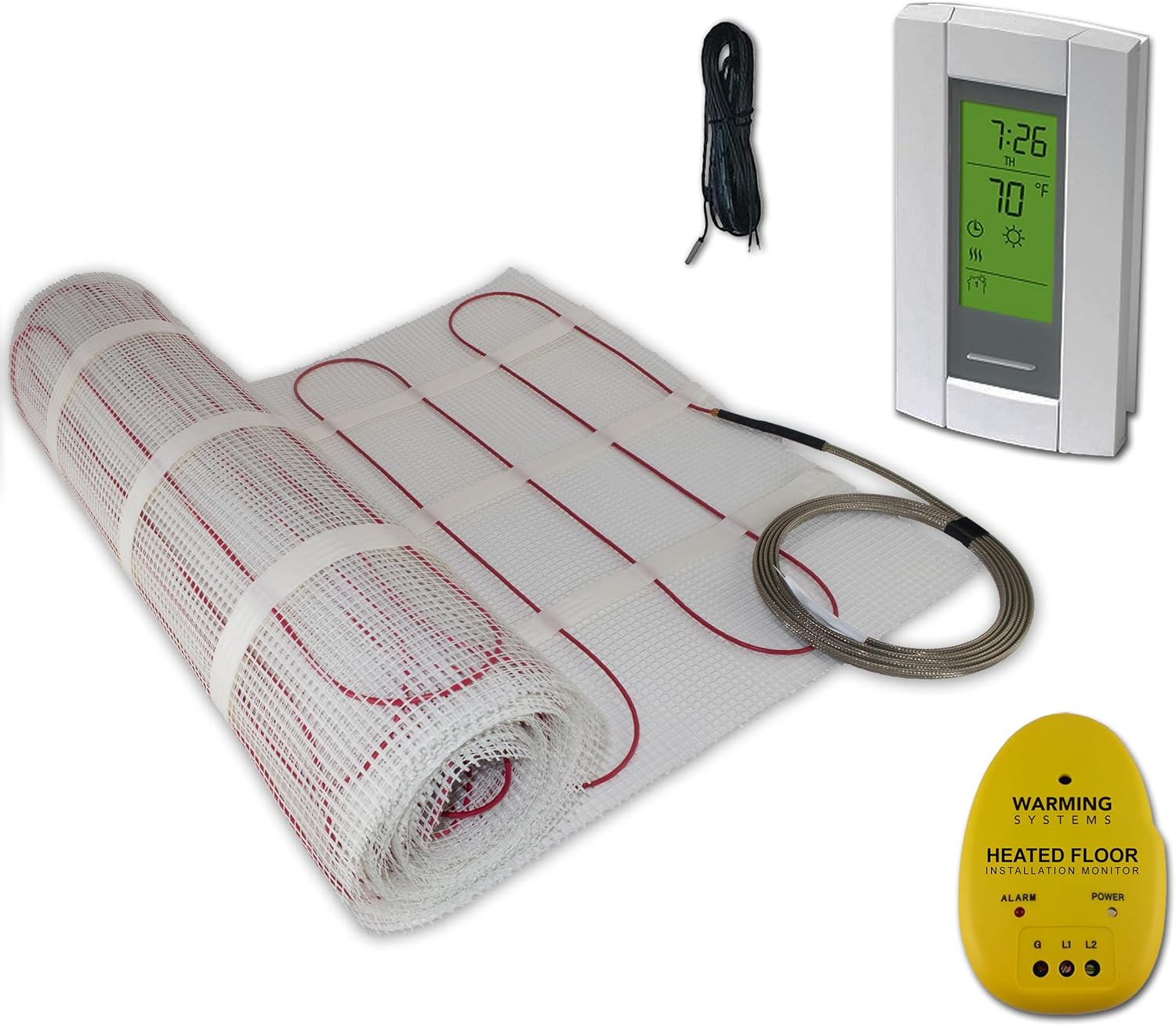 15 Sqft 120V Electric Radiant Floor Heating Mat – Includes Heating Mat, Programmable Thermostat, Thermostat Floor Sensor, Installation Monitor and Under Tile Heater