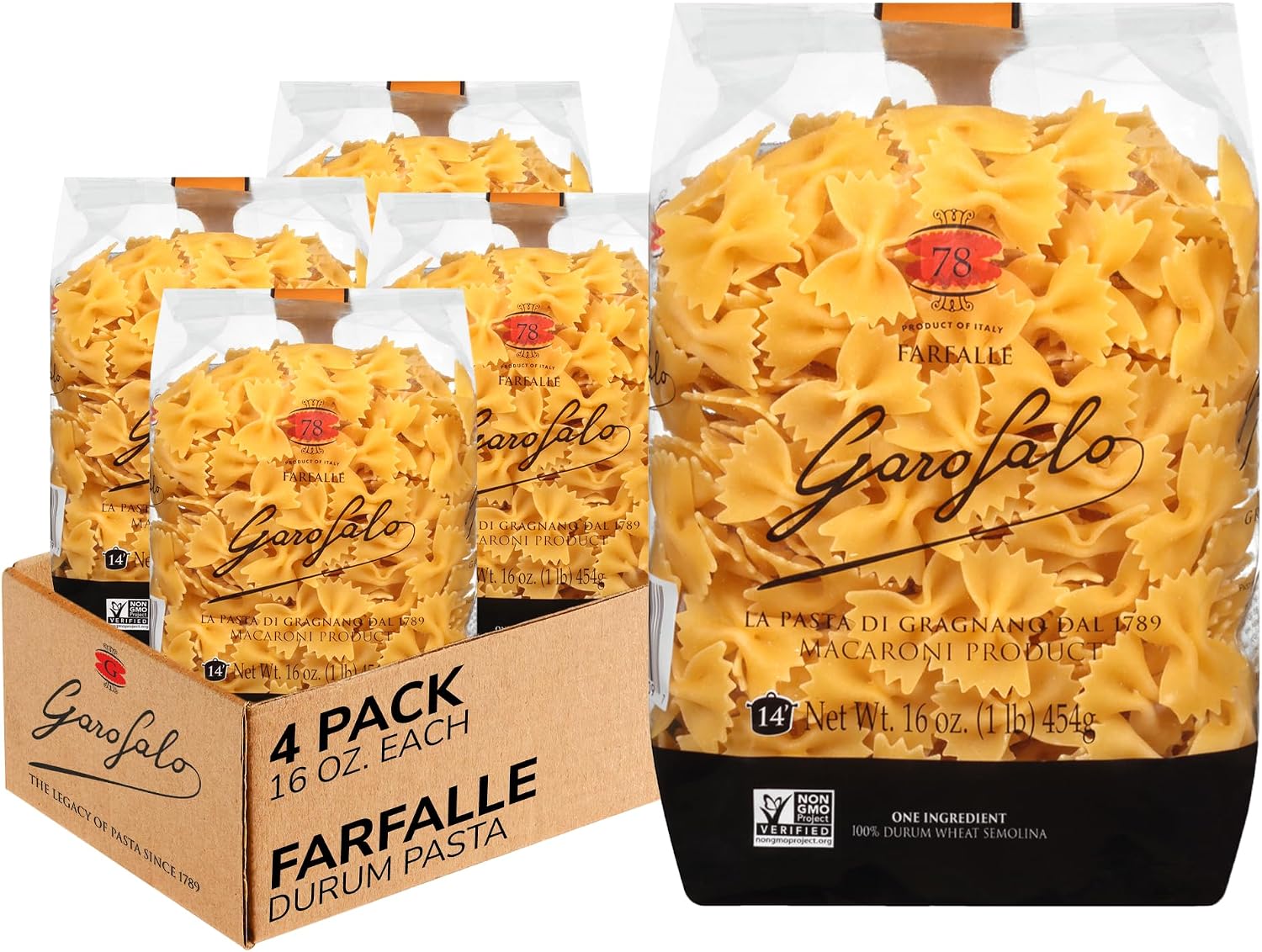 Garofalo - Premium Durum Wheat Semolina Farfalle Pasta, Italian Made, Bronze-Drawn, Al-Dente, One-Ingredient Pasta (4 pack)