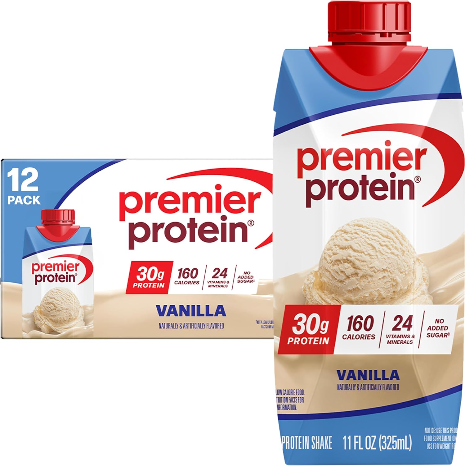 Premier Protein Shake, Vanilla, 30g Protein, No Added Sugar, 24 Vitamins & Minerals to Support Immune Health, 11 fl oz, 12 Pack