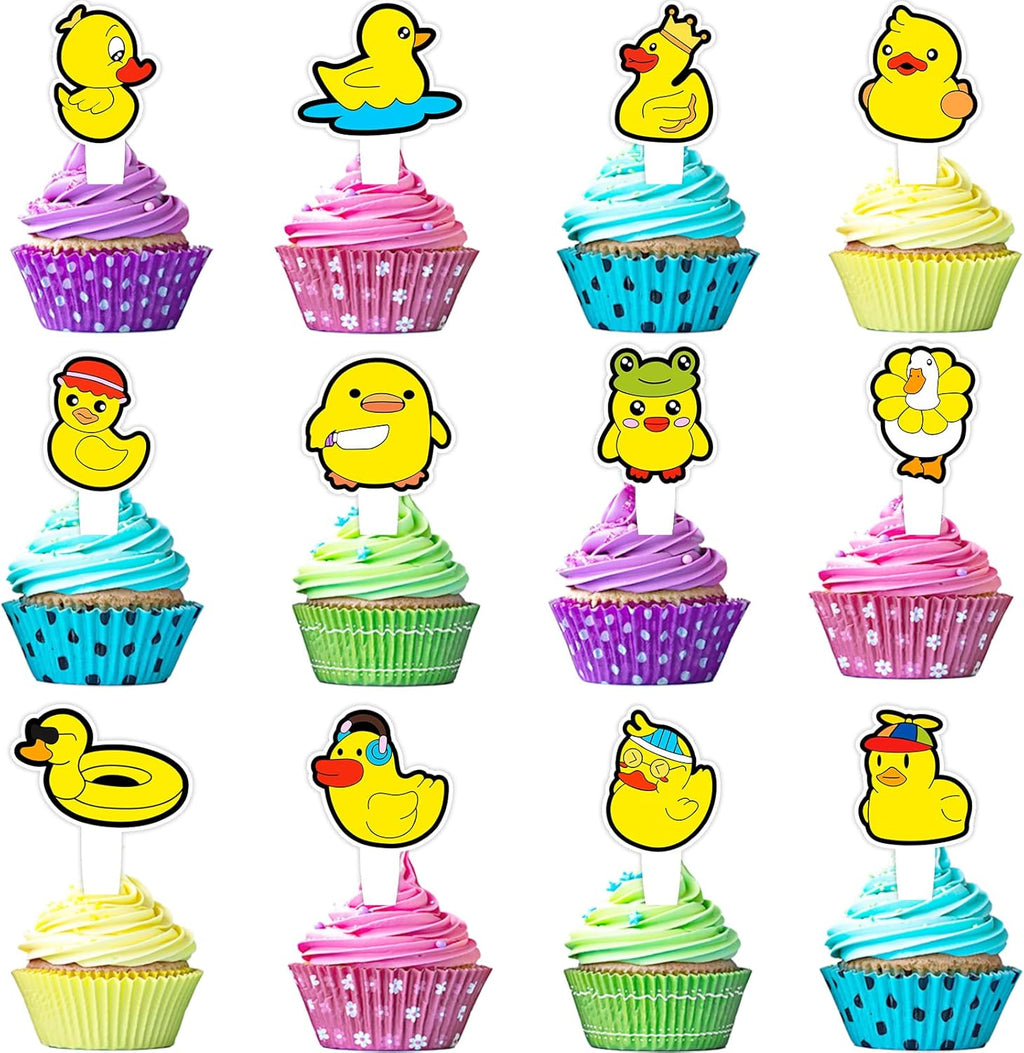 24pcs Cute Yellow Duck Cupcake Toppers Kids Duckling Theme Happy Birthday Decorations Set, Boys and Girls Birthday Party, Baby Shower, Farm Theme Party Cartoon Duck Decoration Supplies