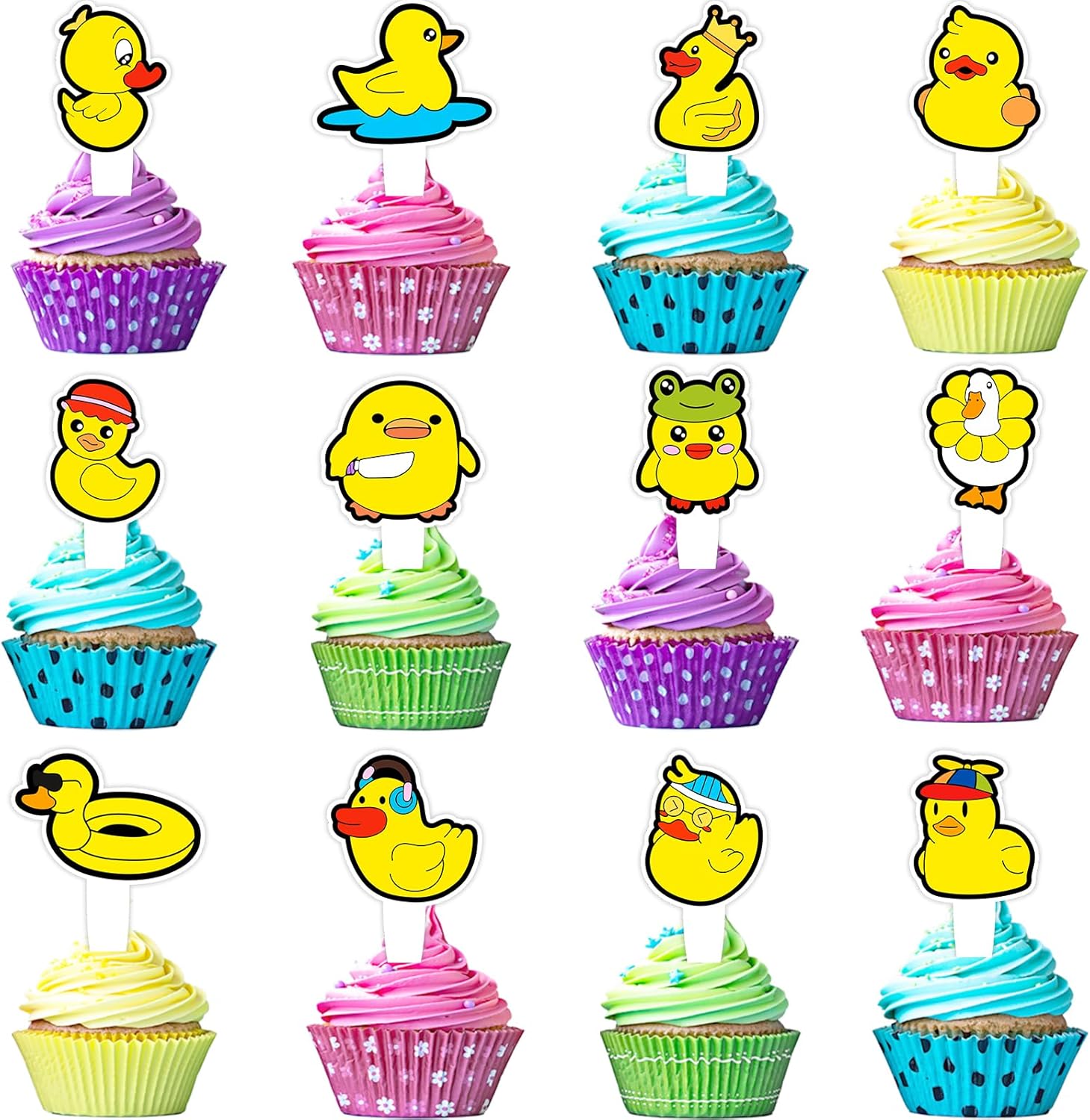 24pcs Cute Yellow Duck Cupcake Toppers Kids Duckling Theme Happy Birthday Decorations Set, Boys and Girls Birthday Party, Baby Shower, Farm Theme Party Cartoon Duck Decoration Supplies