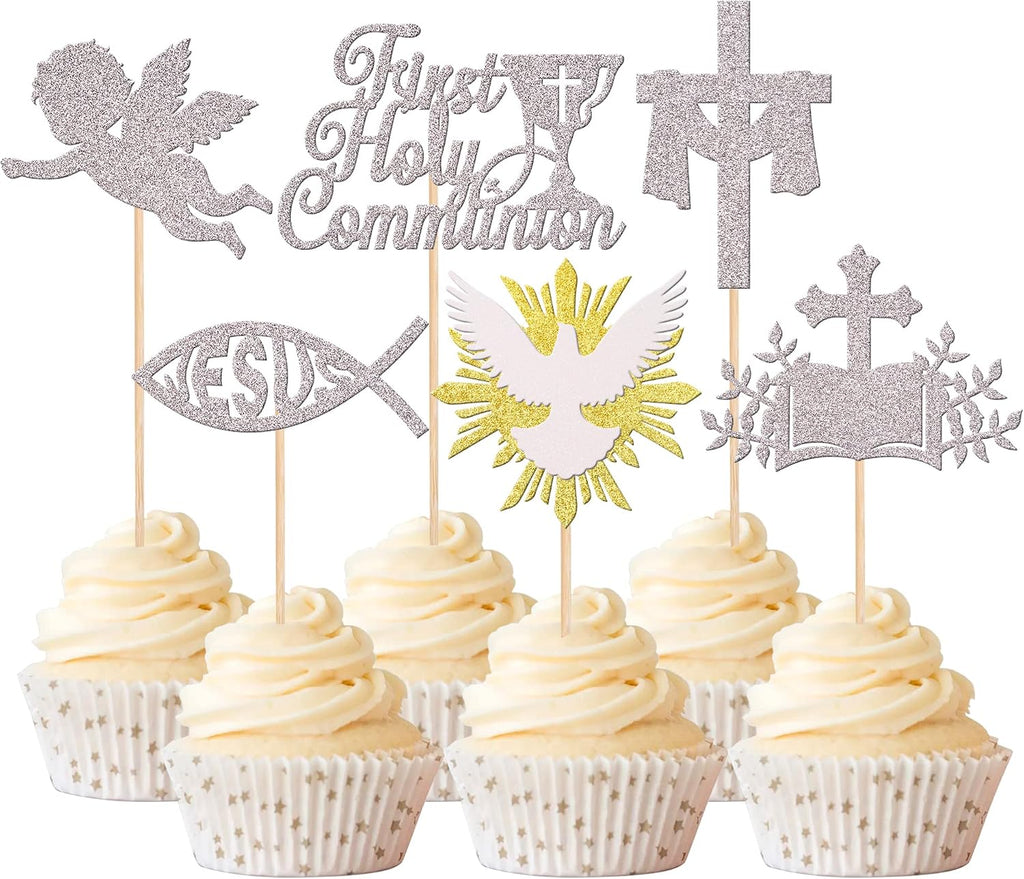Rsstarxi 24 Pack First Holy Communion Cupcake Toppers Cross Dove Angel God Bless Cupcake Picks Christian Baptism Cake Decorations for First Communion Baby Shower Birthday Party Supplies Silver