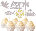 Rsstarxi 24 Pack First Holy Communion Cupcake Toppers Cross Dove Angel God Bless Cupcake Picks Christian Baptism Cake Decorations for First Communion Baby Shower Birthday Party Supplies Silver