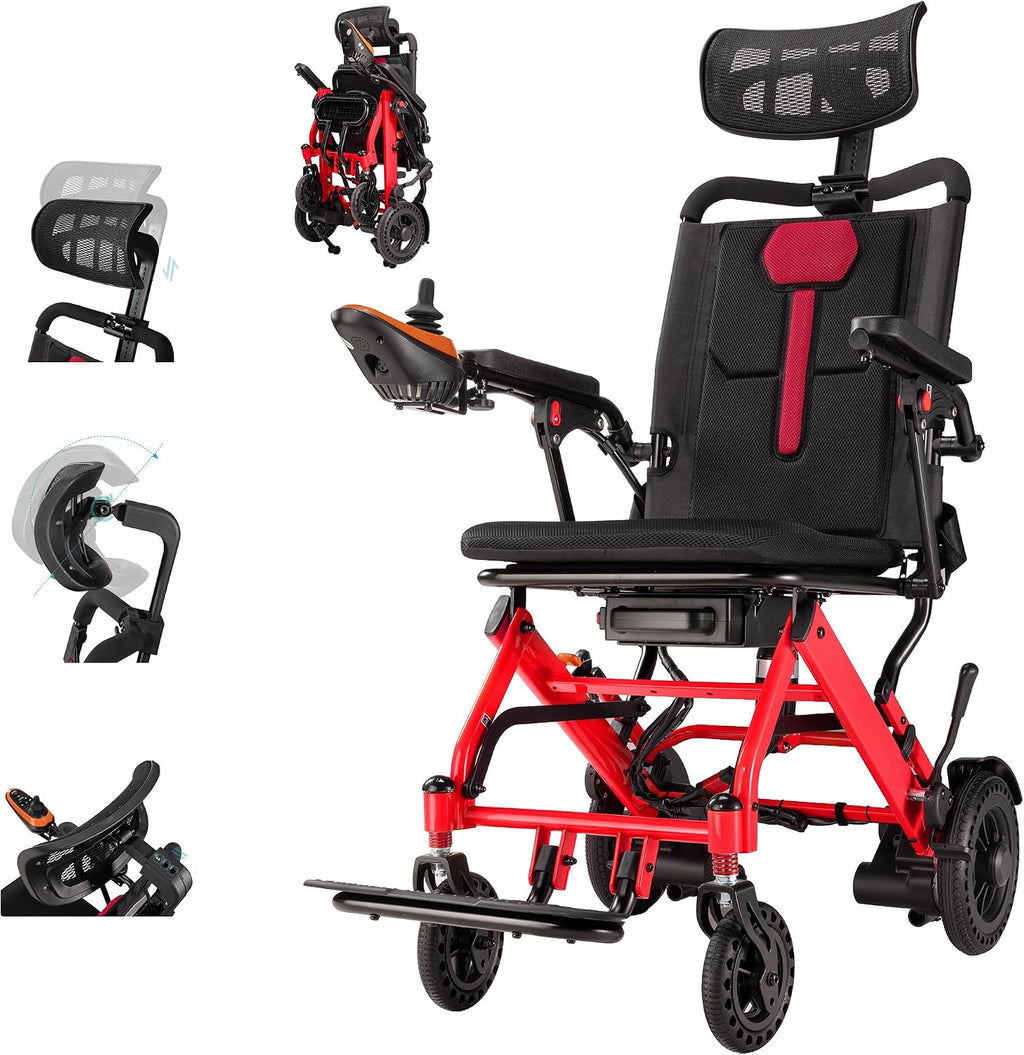 Lightweight Electric Wheelchair with Adjustable Headrest - Only 37 lb, 15 Miles Range Foldable Electric Wheelchairs for Adults, Portable Motorized Wheelchair for Home/Travel, Airline Approved, Red