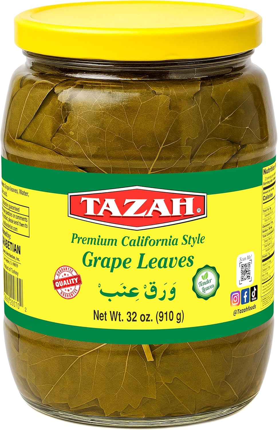 TAZAH California Style Turkish Grape Leaves in Jar – Vegan & Vegetarian – Perfect for Dolmas (Stuffed Grape Leaves) – Tender & Delicious – Net 32oz (Drained 16oz)