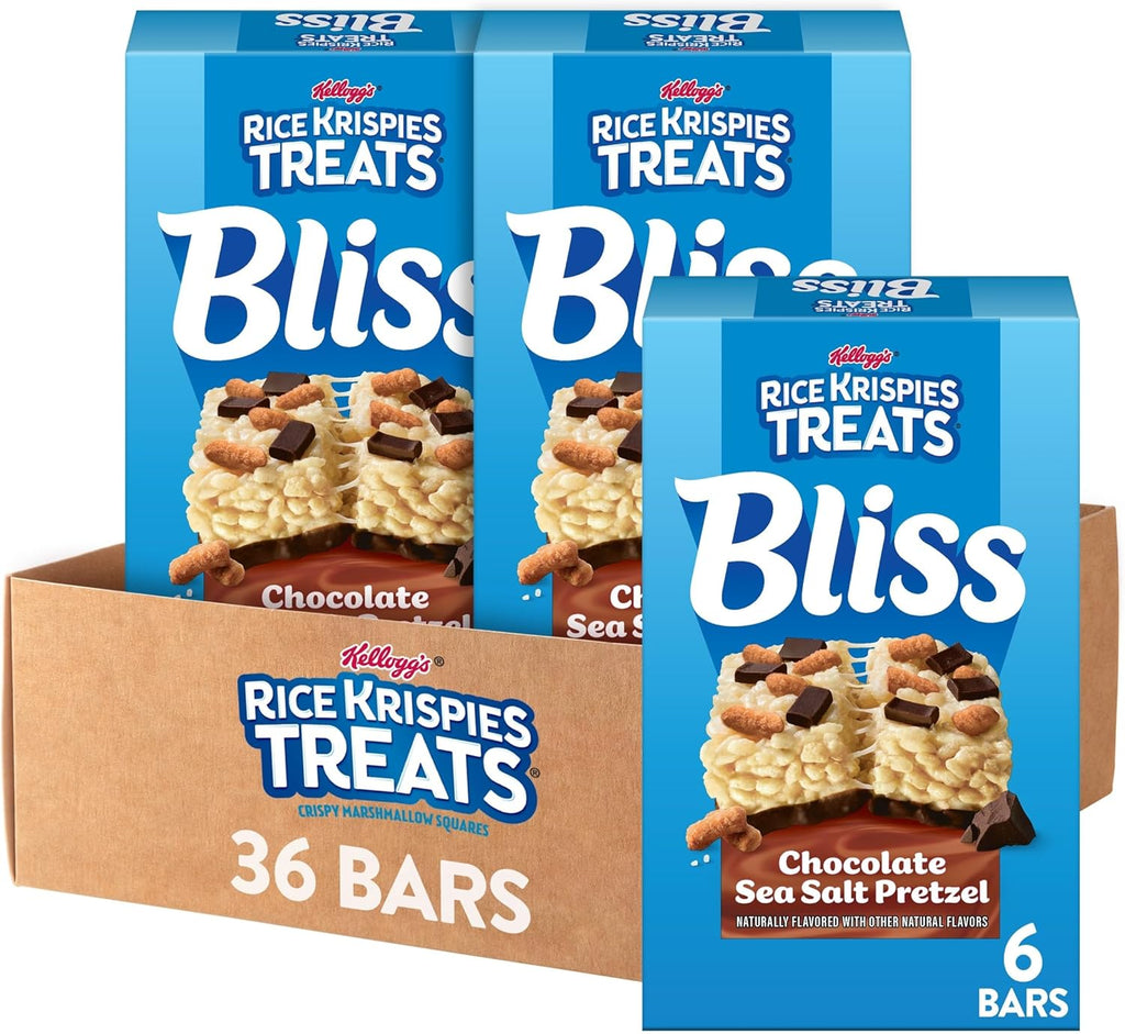 Rice Krispies Treats Bliss Crispy Marshmallow Squares, Snack Bars, Chocolate Sea Salt Pretzel (6 Boxes, 36 Bars)