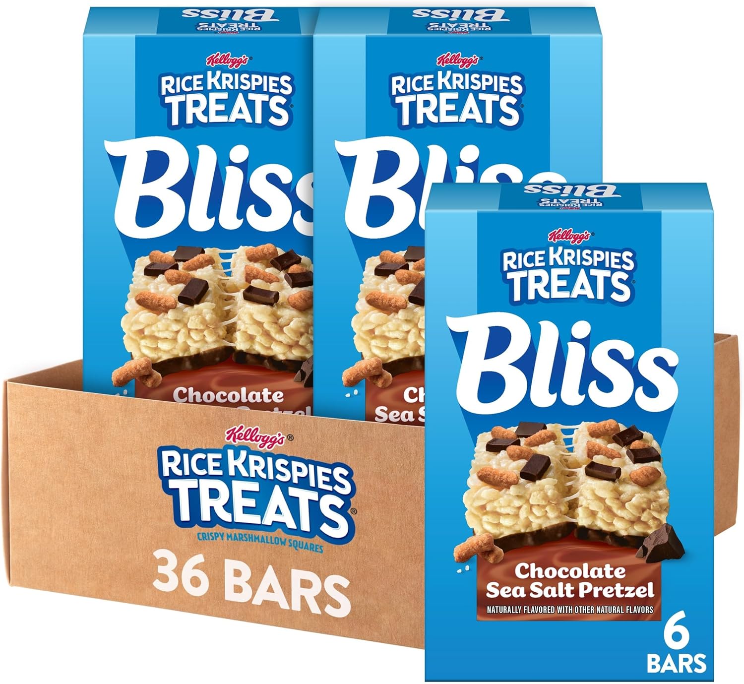 Rice Krispies Treats Bliss Crispy Marshmallow Squares, Snack Bars, Chocolate Sea Salt Pretzel (6 Boxes, 36 Bars)