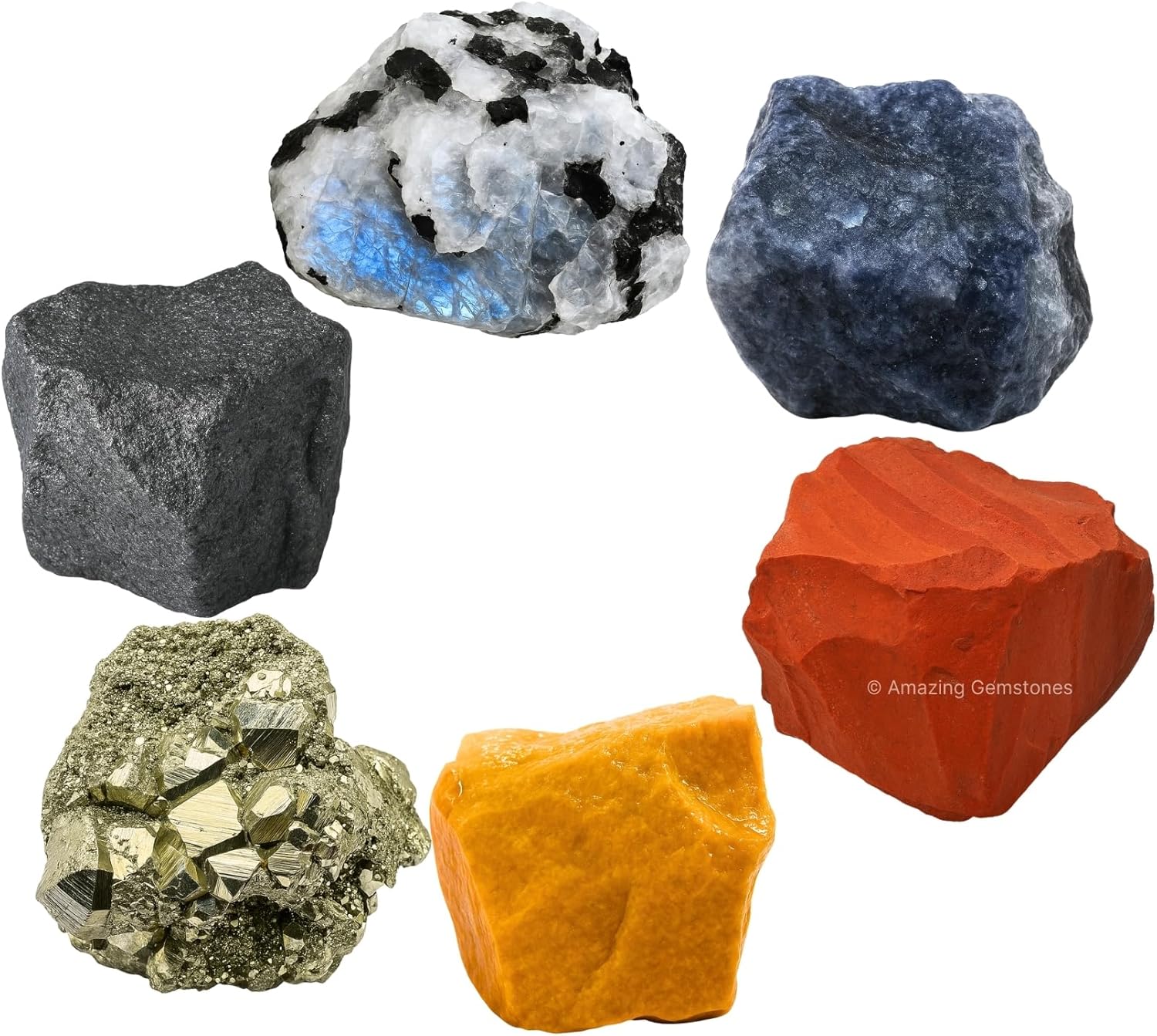 Amazing Gemstone Crystals for New Beginnings Manifestation, Set of 6 Rainbow Moonstone, Iolite, Red Jasper, Hematite, Yellow Jasper and Pyrite Healing Crystals and Stones