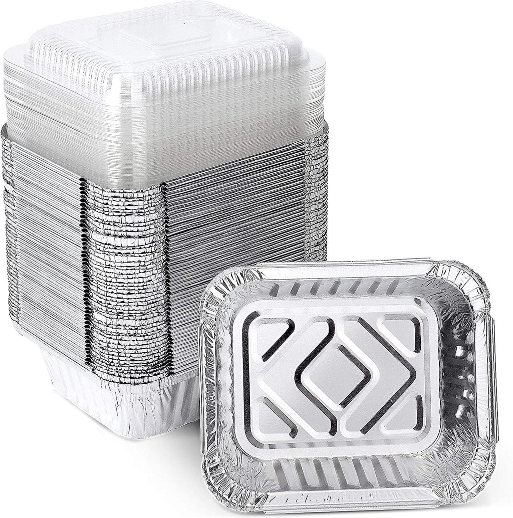 1 Lb Small Aluminum Foil Pans with Clear Lids (50 Pack), Disposable Cookware, Takeout Trays, Food Containers for Restaurants & Catering, Recyclable