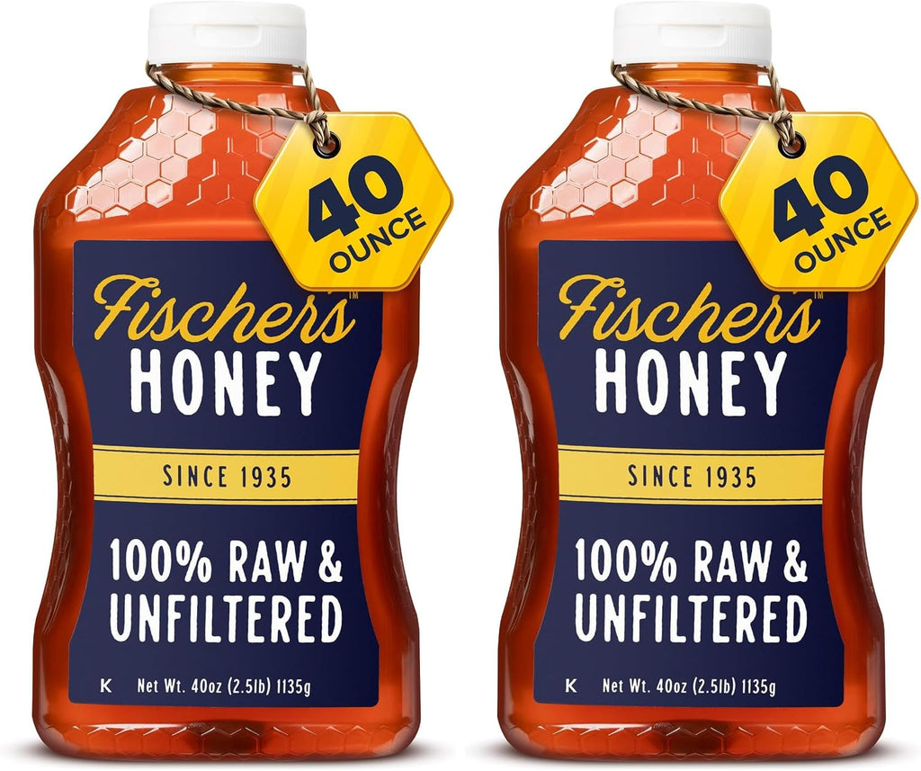 Fischer’s 100% Pure, Raw & Unfiltered Honey – USA Made Honey – All-Natural Sweetener – Rich Flavor Profile, Packed with Nutrients, 40 oz (Pack of 2)