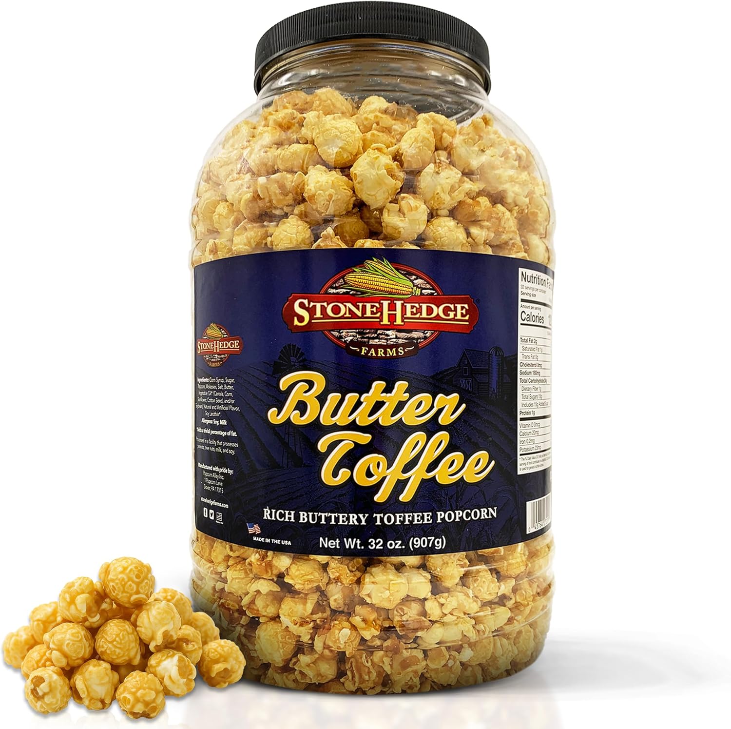 Stonehedge Farms Butter Toffee Flavored Popcorn | 32 oz Large Tub | Perfect for Holidays and Christmas | Bulk Gourmet Popped Sweet Snacks | Pop Corn 2 Pound Gift