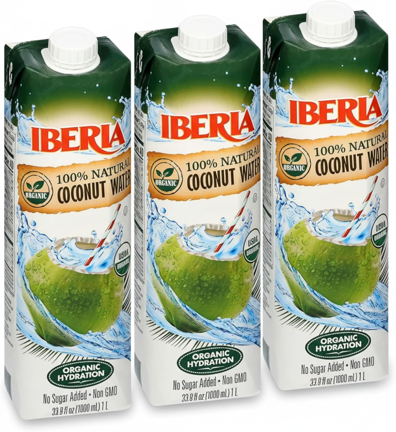 Iberia 100% Pure Organic Coconut Water, 1 Liter , 33.8 Fl Oz (Pack of 3)