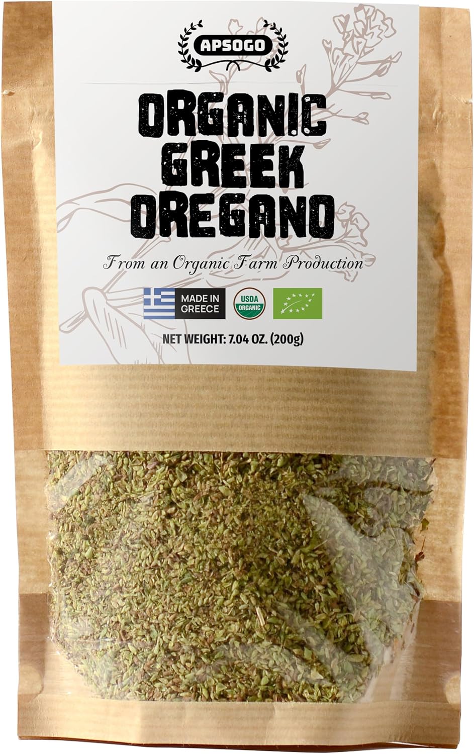 Apsogo Organic Greek Oregano - Premium Dried Oregano from Greece (7.05 oz) Authentic Leaves & Seasoning for Cooking, Freshly Dried, Fine Texture, Resealable Eco Pouch