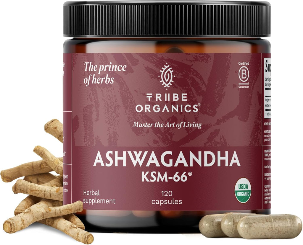 TRIBE ORGANICS Ashwagandha KSM 66 Pure Organic Root Powder Extract Ayurvedic Supplement - Focus, Mood Support, Increase Energy, Strength, 600mg of Natural KSM66 for Superior Absorption - 120 Capsules