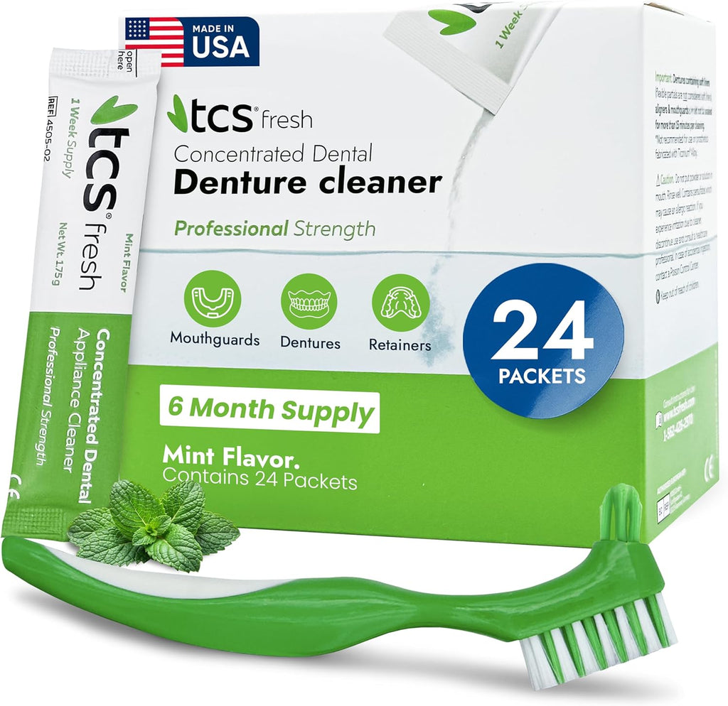 TCS Fresh Concentrated Dental Appliance Cleaner Set, Professional Denture and Retainer Cleaner Powder with Soft Bristle Brush (24 Packets, 6 Month Supply, Mint Flavor)