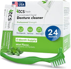 TCS Fresh Concentrated Dental Appliance Cleaner Set, Professional Denture and Retainer Cleaner Powder with Soft Bristle Brush (24 Packets, 6 Month Supply, Mint Flavor)