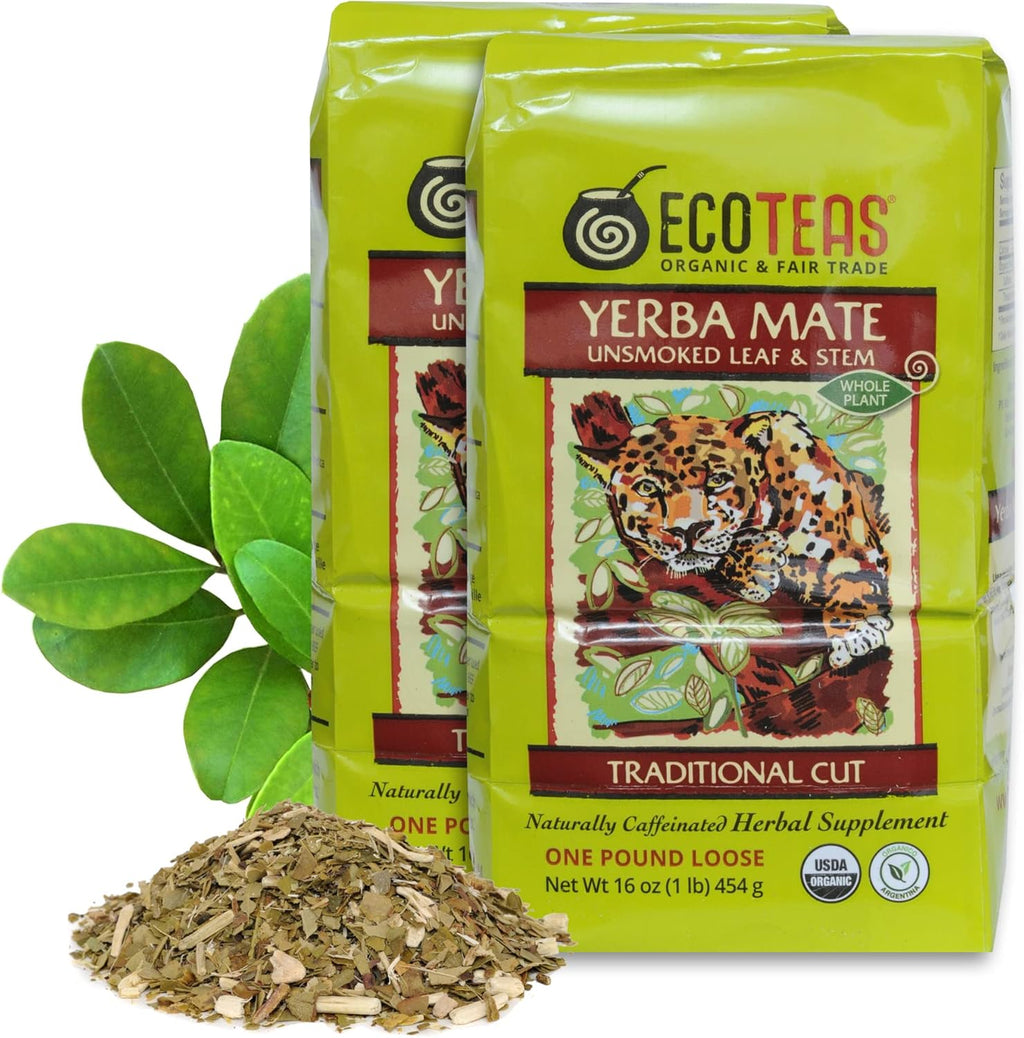ECOTEAS Organic Yerba Mate Loose Leaf Tea – Unsmoked (Air Dried) Traditional Cut – 1 lb – From Argentina – Kosher, Non-GMO, Gluten-Free (Pack of 2)