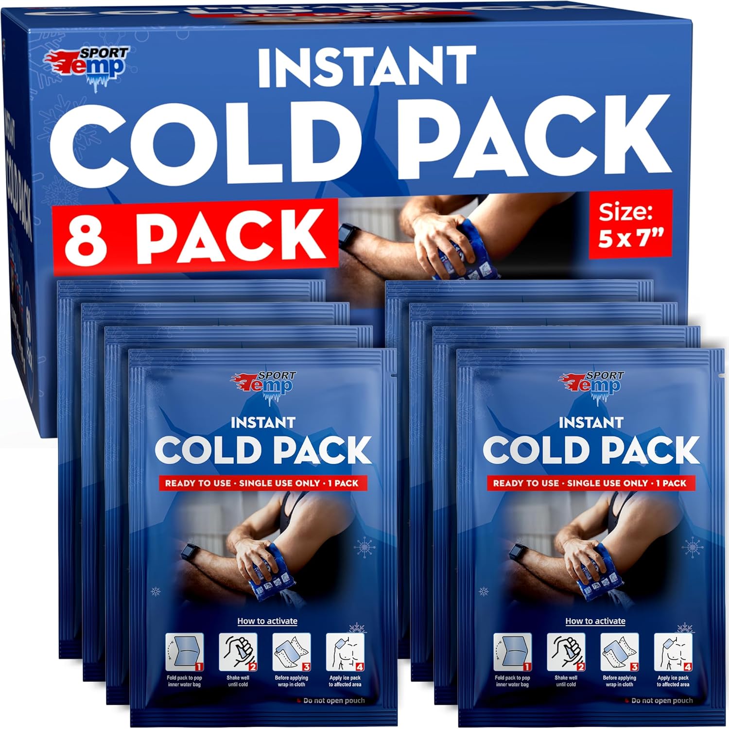 Instant Ice Cold Packs (7”x 5”) Disposable Ice Packs for Pain Relief, Swelling, Injuries, Toothaches, and Sprains – Cold Therapy for Athletes, First Aid, Travel & Outdoor Use (8 Pack)