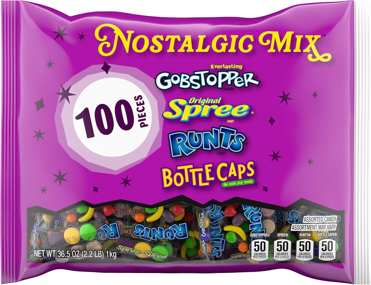 Wonka Gobstoppers, Spree, Runts, Bottlecaps, Nostalgic Candy Assortment, Party Mix, Hard Candy, 36.5 oz, 100 Count
