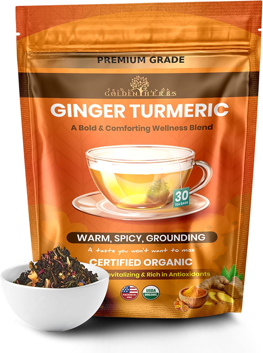 Golden Herbs Organic Ginger Turmeric Tea – USDA Organic Herbal Tea, Caffeine Free, Warming Wellness Blend, 30 Biodegradable Tea Bags, Packed in USA