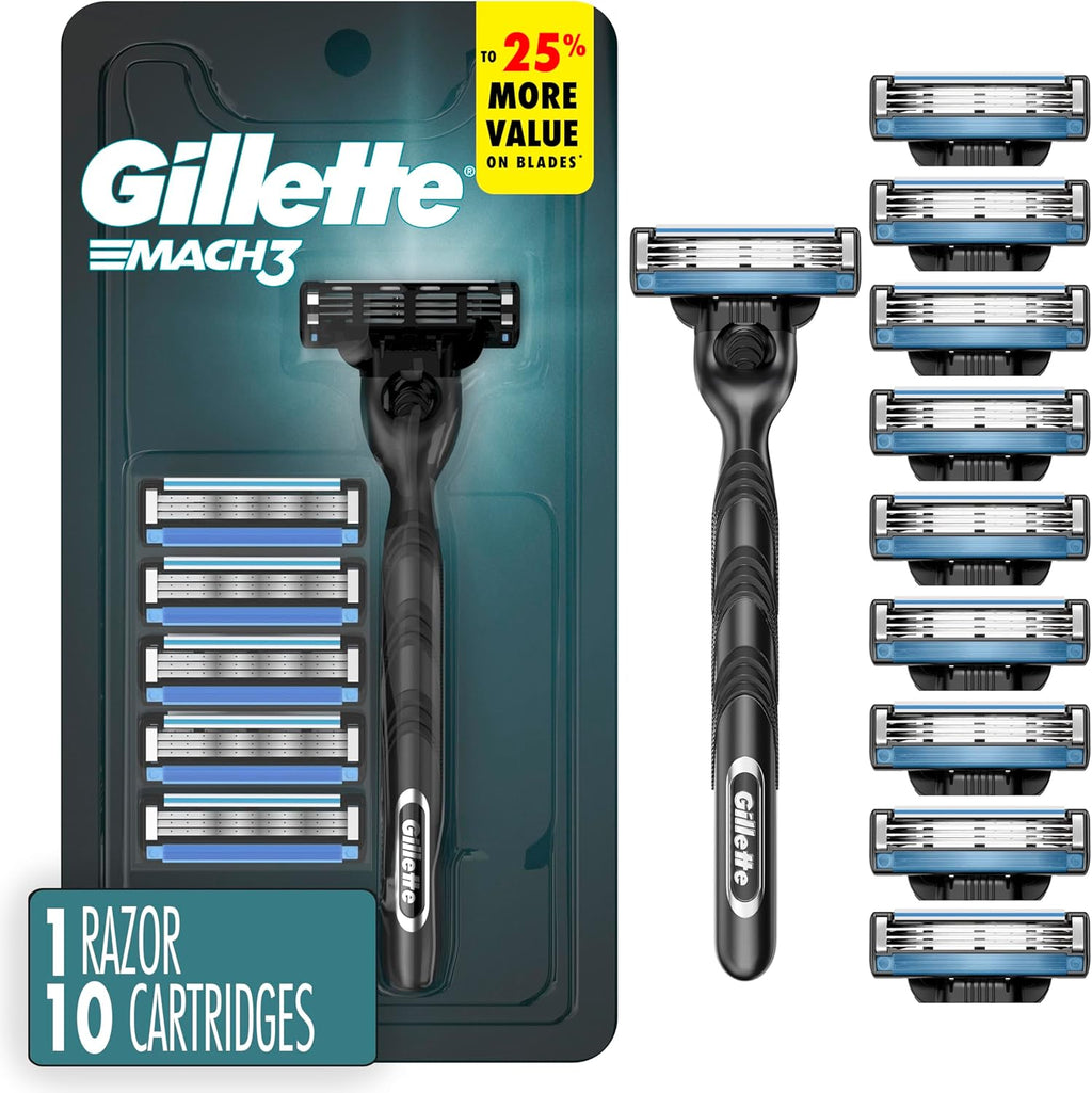 Gillette Mach3 Shaving Razor for Men, 1 Razor Gillette 3-Blade Handle for Men’s Grooming, 10 Razor Blade Refills, Lubrication Strip