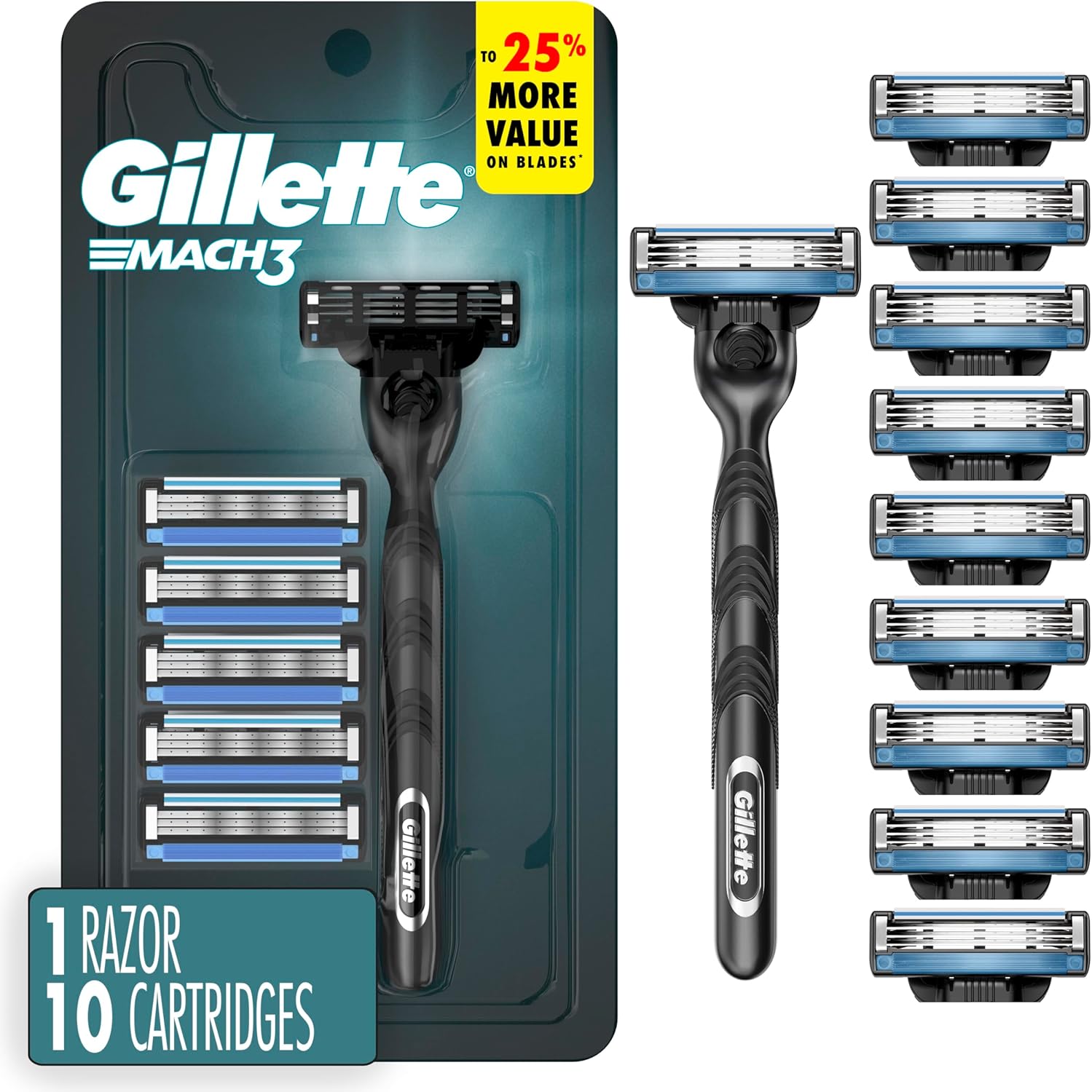 Gillette Mach3 Shaving Razor for Men, 1 Razor Gillette 3-Blade Handle for Men’s Grooming, 10 Razor Blade Refills, Lubrication Strip