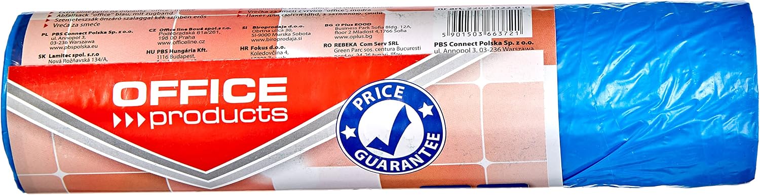 Office Products 22023322-01 Premium Bin Liners 60 L – Pack of 10 with Drawstring LDHD | Bin Bags for Household Waste for the Office | Colour: Blue | Film Thickness: 17 μm