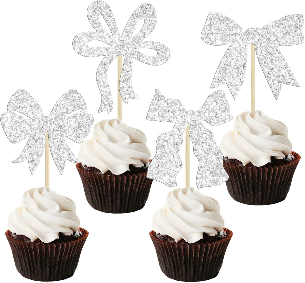 Ephlyn 24Pcs Bow Cupcake Toppers Bow Birthday Cake Topper Girls Birthday Party Decorations Bowknot Cupcake Decorations for Bridal Shower Wedding Themed Party Silver