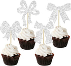 Ephlyn 24Pcs Bow Cupcake Toppers Bow Birthday Cake Topper Girls Birthday Party Decorations Bowknot Cupcake Decorations for Bridal Shower Wedding Themed Party Silver