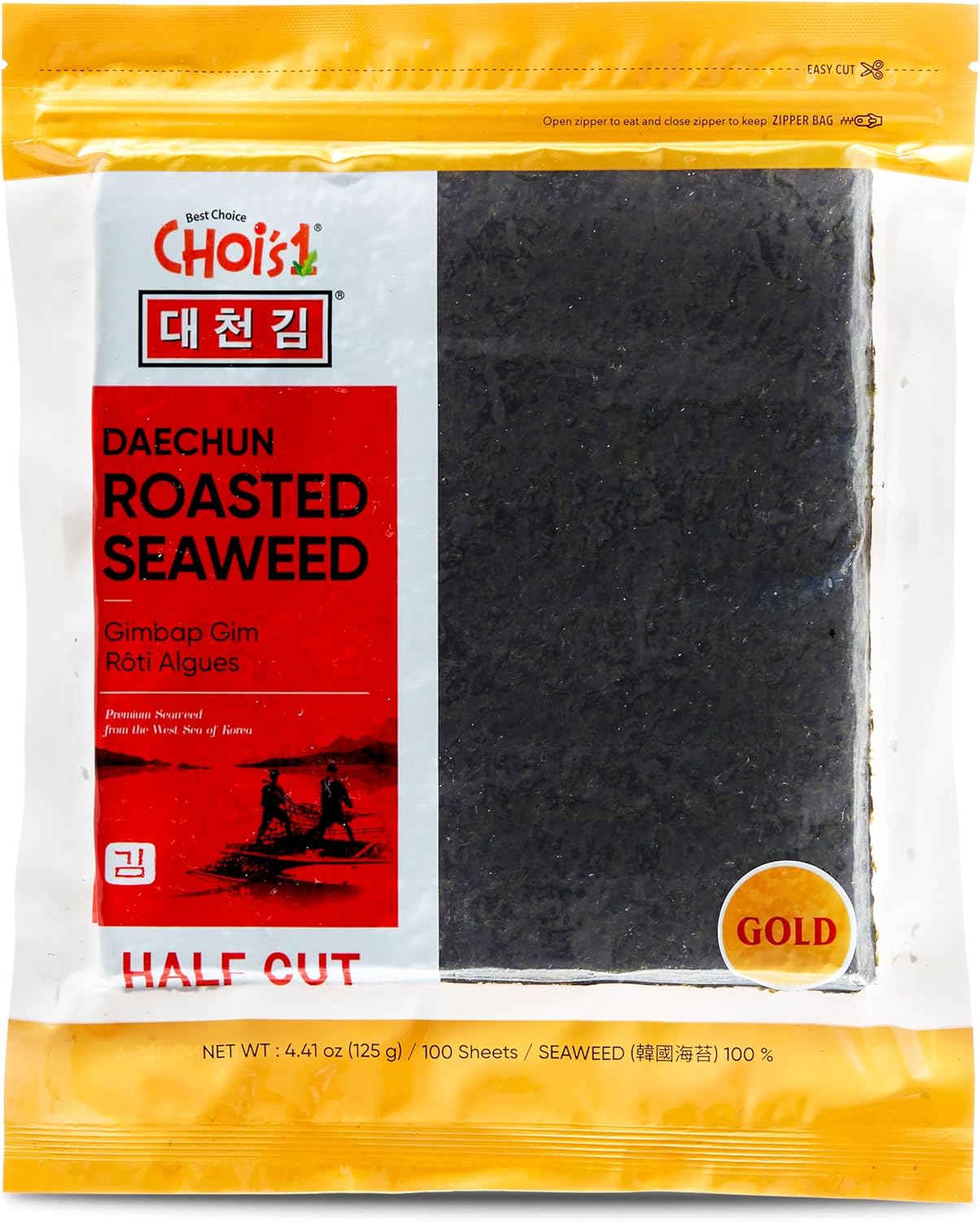 CHOI's 1(Daechun) Roasted Seaweed, GIM, Sushi Nori(100 Half Sheets)/ Resealable, Gold Grade/Product of Korea/Kimbap, Gimbap, Keto, Gluten Free, Full of Fiber, Vitamin, Mineral, High protein