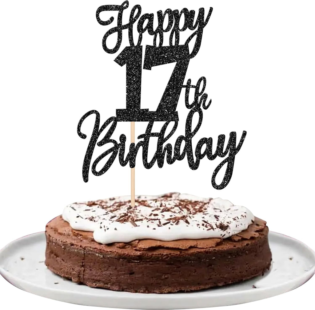 1 PCS Happy 17th Birthday Cake Topper Glitter Cheers to 17 Years Birthday Cake Pick Seventeen Hello 17 Cake Decoration for Happy 17th Birthday Anniversary Theme Party Decorations Supplies Black