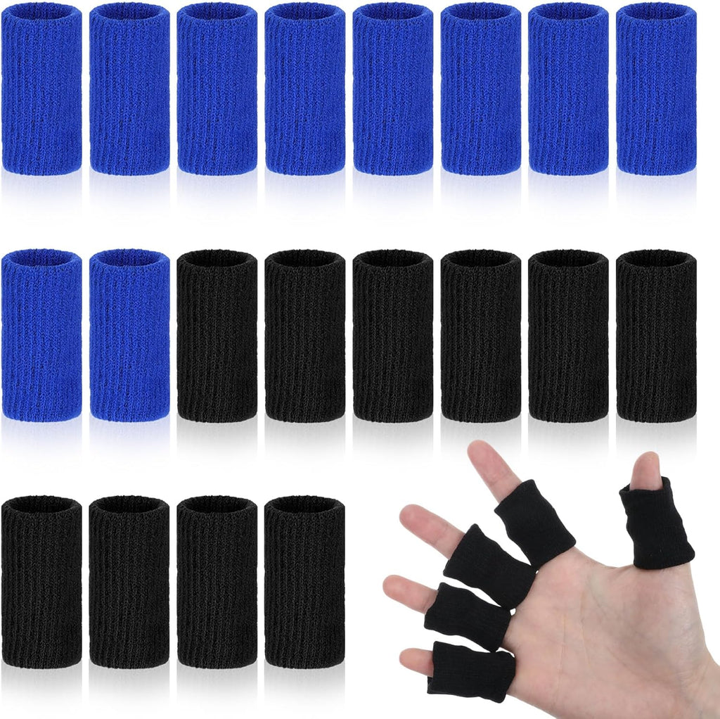20 Pcs Finger Protectors, Anti Slip Sport Finger Sleeves, Elastic Fingers Cots Thumb Protector, Fingers Compression Sleeve for Relieving Pain Thumb Brace Support(Blue+Black)