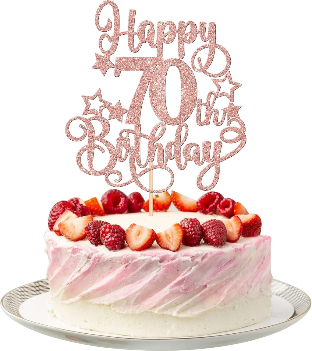 1 PCS Happy 70th Birthday Cake Topper Glitter Cheers to 70 Years Birthday Cake Pick Hello 70 Fabulous Cake Decoration for Happy 70th Birthday Anniversary Party Decorations Supplies Rose Gold