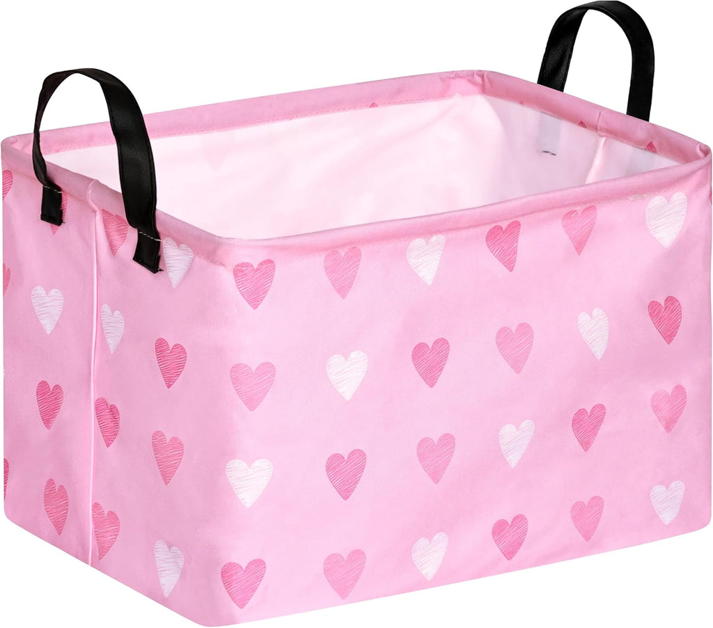 Valentine's Day Gift Basket Pink Heart Print Box Hamper Storage Basket Collapsible Organizer Bin Gift Shelf Baskets for Home and Kitchen Storage