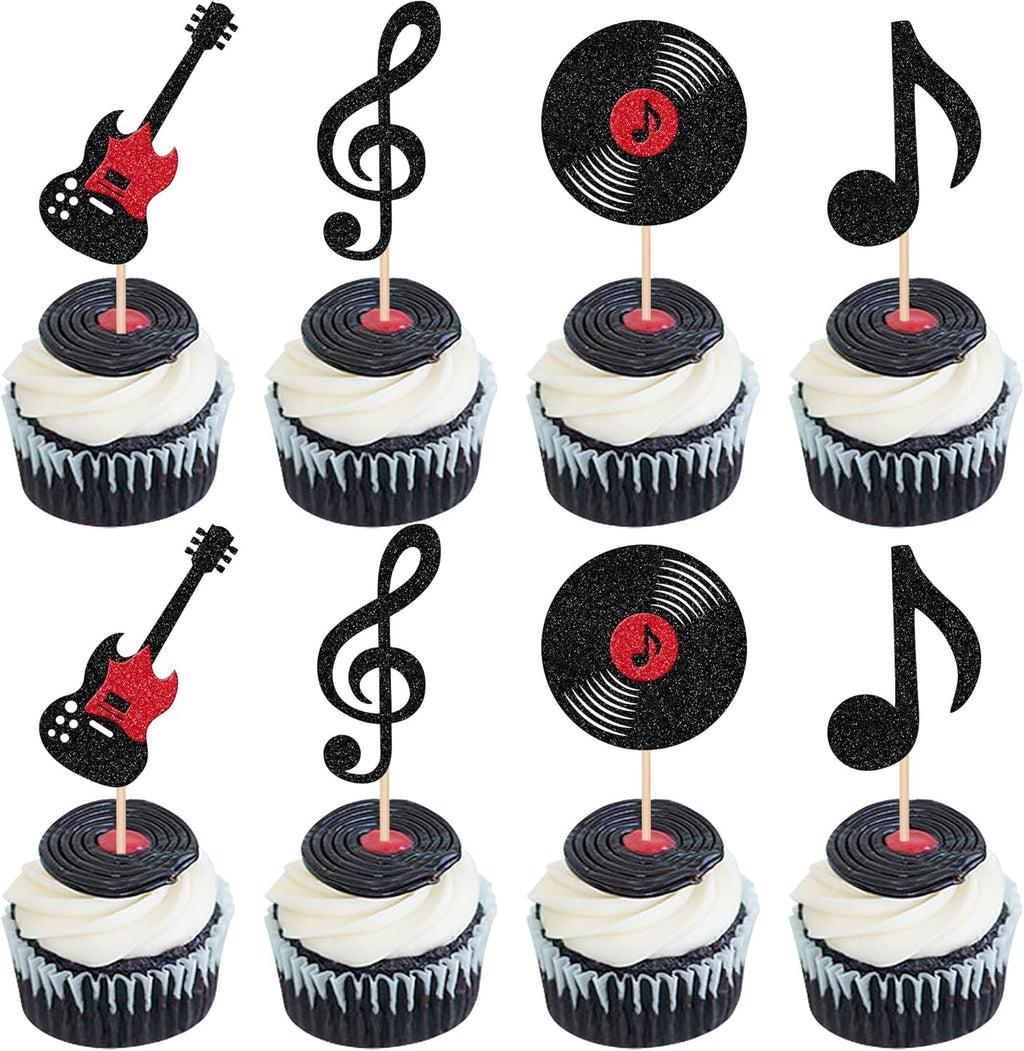 24 PCS Music Notes Cupcake Toppers Glitter Guitar Rock Cupcake Picks Vinyl Record Cake Decorations for Retro Rock and Roll Music Theme Baby Shower Kids Birthday Party Cake Decorations Supplies